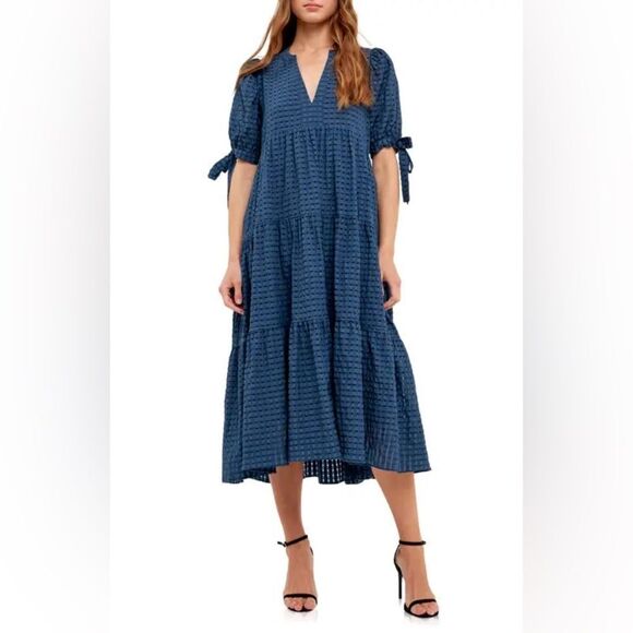 ENGLISH FACTORY Gingham Tiered Midi Dress with Bow Tie Sleeves in blue - Picture 4 of 8